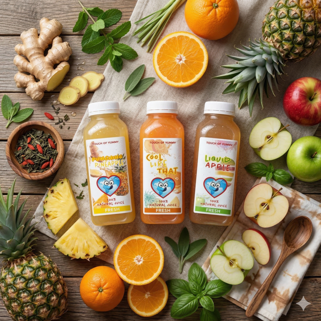 Touch of Yummy natural tropical juices with fresh pineapple, oranges, ginger and premium ingredients