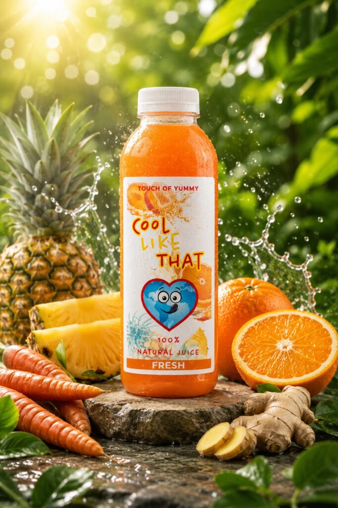 Bottle of Touch of Yummy Cool Like That natural juice made with orange, pineapple, carrot, and ginger.
