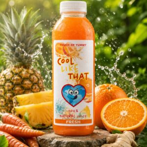 Bottle of Touch of Yummy Cool Like That natural juice made with orange, pineapple, carrot, and ginger.