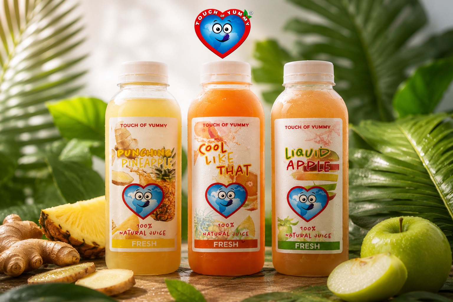 Touch of Yummy natural fruit juice bottles surrounded by fresh tropical fruits