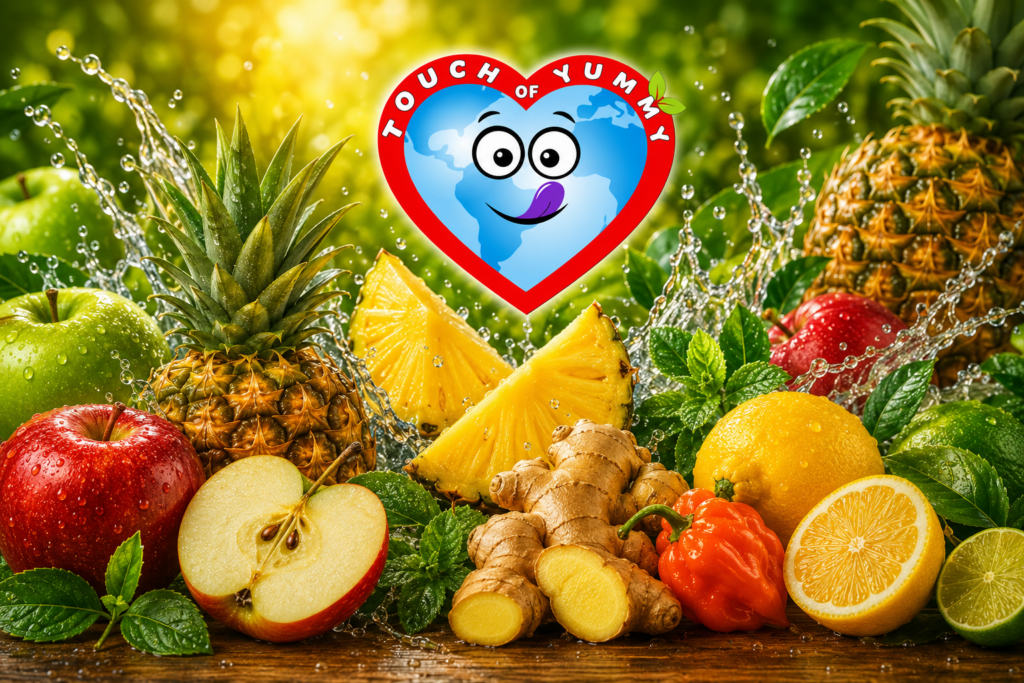Touch of Yummy juice bottles with fresh tropical fruit